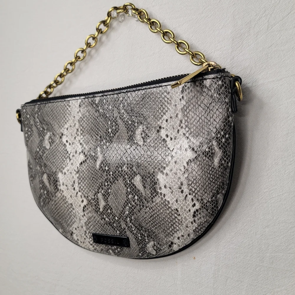 Fossil Gray Snakeskin Print Half Moon Clutch Bag Shoulder Purse Gold Chain MCM - Picture 5 of 9